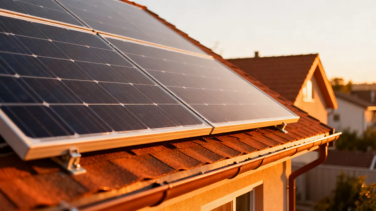 Panneaux solaires fixés sur un toit en tuiles orangées à Compeyre