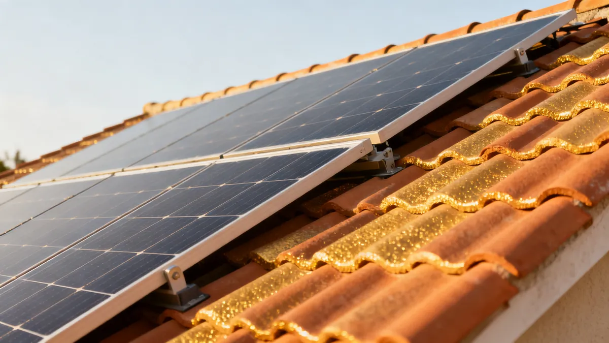Maison de Compeyre dont le toit de tuiles porte des panneaux solaires, au soleil couchant